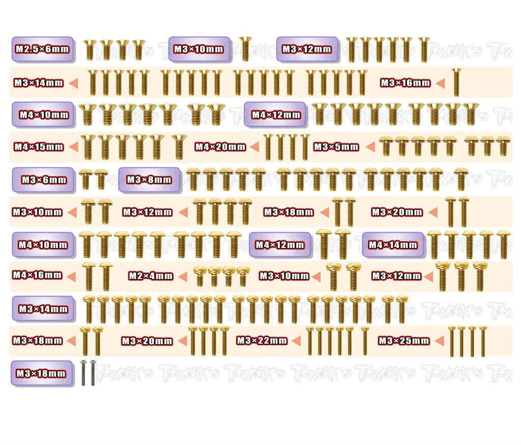 T-Works Gold Plated Steel Screw Set 161pcs.( For Tekno EB48 2.2 ) - Faster RC HobbiesT-WorksFaster RC HobbiesGSS-EB482.2