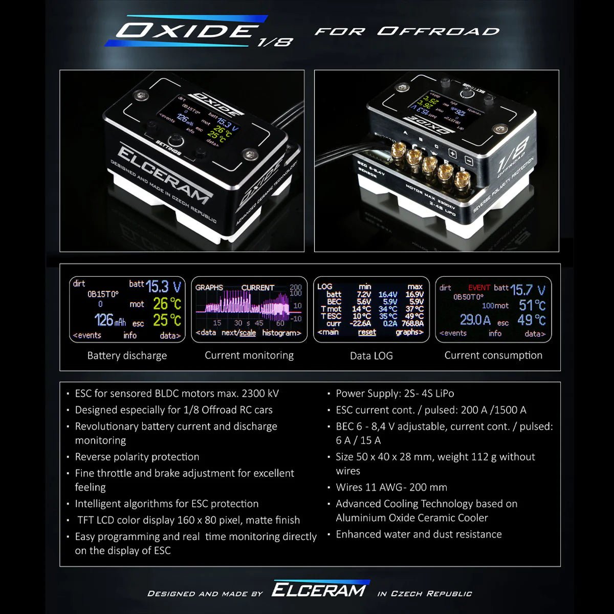 Elceram Oxide 1/8 Offroad 200A Brushless ESC with LCD Display - Faster RC HobbiesSmokem RacingFaster RC Hobbies