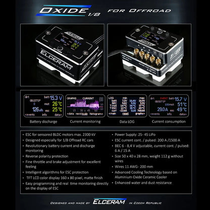 Elceram Oxide 1/8 Offroad 200A Brushless ESC with LCD Display - Faster RC HobbiesSmokem RacingFaster RC Hobbies