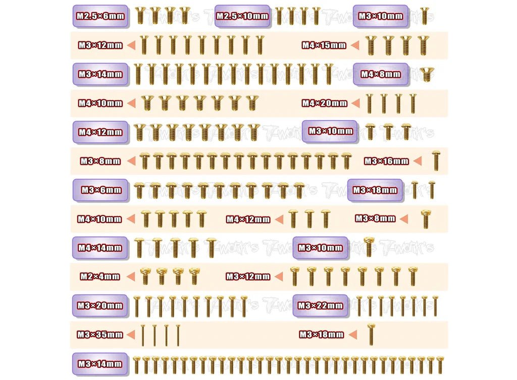 T-Works Gold Plated Steel Screw Set 173pcs. ( For TEKNO NT48 2.0/ ET48 2.0 ) - Faster RC HobbiesT-WorksFaster RC HobbiesGSS-NT482.0